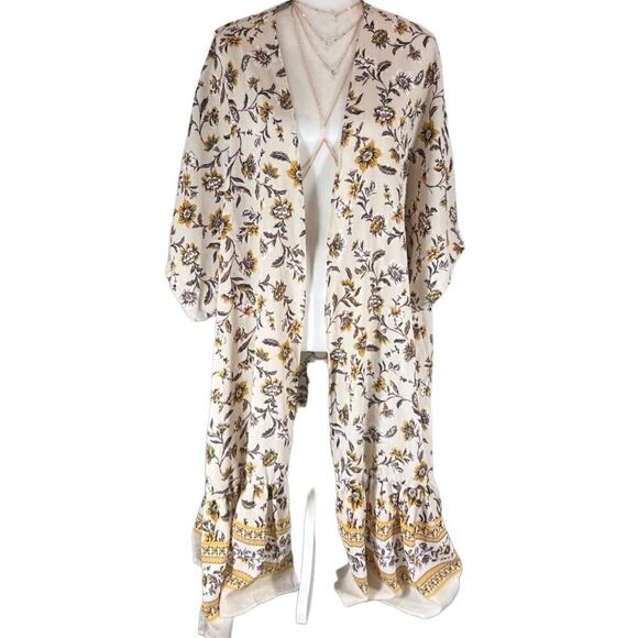 kimono cream brown golden floral cardigan duster size S/M - Picture 4 of 13
